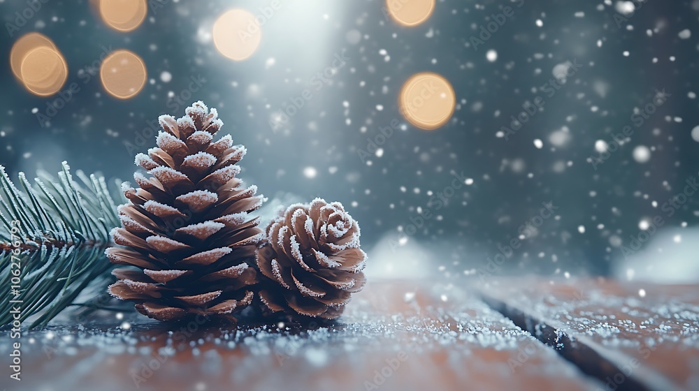 Close-up of frosted pine cones and green pine sprigs on an aged wooden surface, light snowfall effect, spacious copyspace in the center, soft lighting creating a calm winter scene, hd quality. Close-up of frosted pine cones and green pine sprigs on an aged wooden surface, light snowfall effect, spacious copyspace in the center, soft lighting creating a calm winter scene, hd quality.
