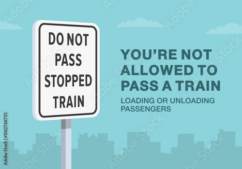 Safe driving tips and traffic regulation rules. Close-up of United States "do not pass stopped train" sign meaning. Not allowed to pass a train. Flat vector illustration template.