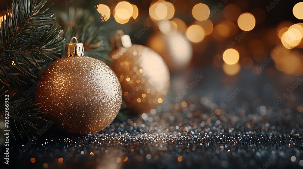 Close-up of glitter-dusted pine branches and holiday baubles on a dark rustic wood surface, soft festive sparkles, spacious copyspace in the middle, hd quality, warm holiday lighting,