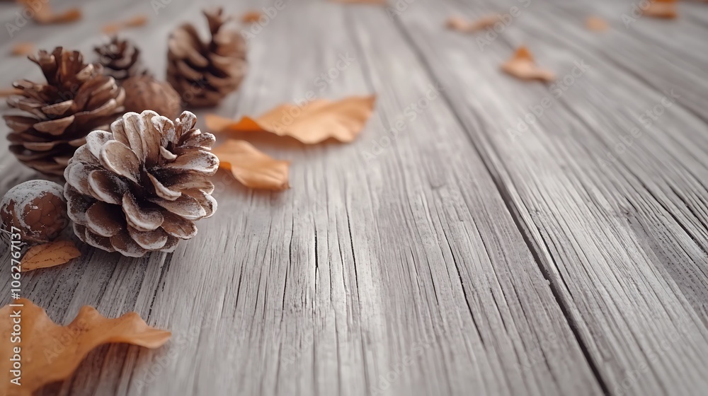 Close-up of light wooden background with small pine cones, leaves, and simple holiday ornaments, open copyspace in the middle, soft winter lighting, hd clarity, rustic holiday elegance, Close-up of light wooden background with small pine cones, leaves, and simple holiday ornaments, open copyspace in the middle, soft winter lighting, hd clarity, rustic holiday elegance,