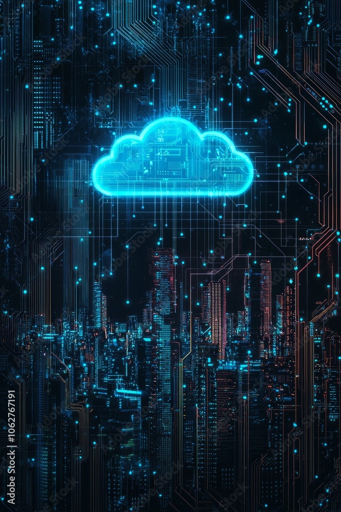 A glowing blue cloud icon above a dark silhouette of a city skyline on a computer circuit board