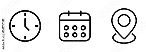 Time, date and address or location icons. Time, date and address vector collection. Time, date and location icon