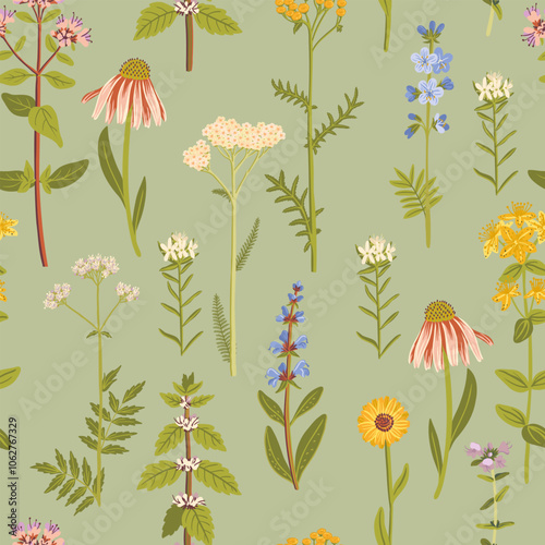 seamless pattern with field flowers, vector drawing wild flowering medicinal plants, floral background, hand drawn botanical illustration