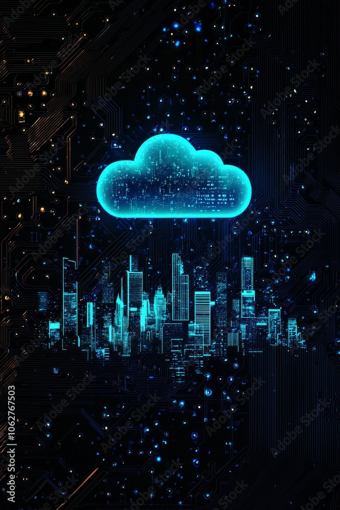 A glowing blue cloud icon above a dark silhouette of a city skyline on a computer circuit board A glowing blue cloud icon above a dark silhouette of a city skyline on a computer circuit board