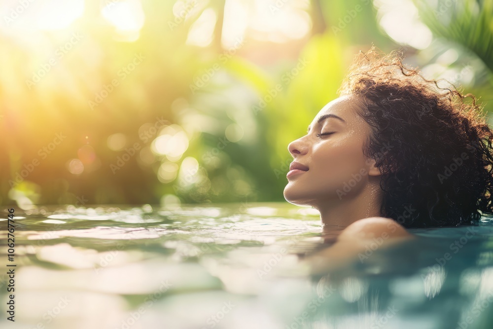 Serene Image of Sensual Young Woman Relaxing in Outdoor Spa Pool with Lush Greenery Serene Image of Sensual Young Woman Relaxing in Outdoor Spa Pool with Lush Greenery
