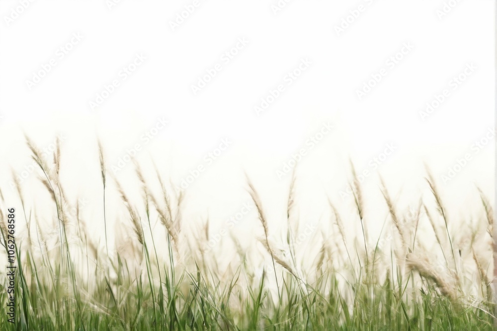 Serene Field of Tall Green Grass Swaying in the Wind, Light Beige Blades on White Background Serene Field of Tall Green Grass Swaying in the Wind, Light Beige Blades on White Background