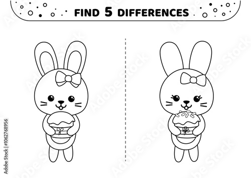 Find 5 differences. Two cute bunnies. Blackand white game. Vector.