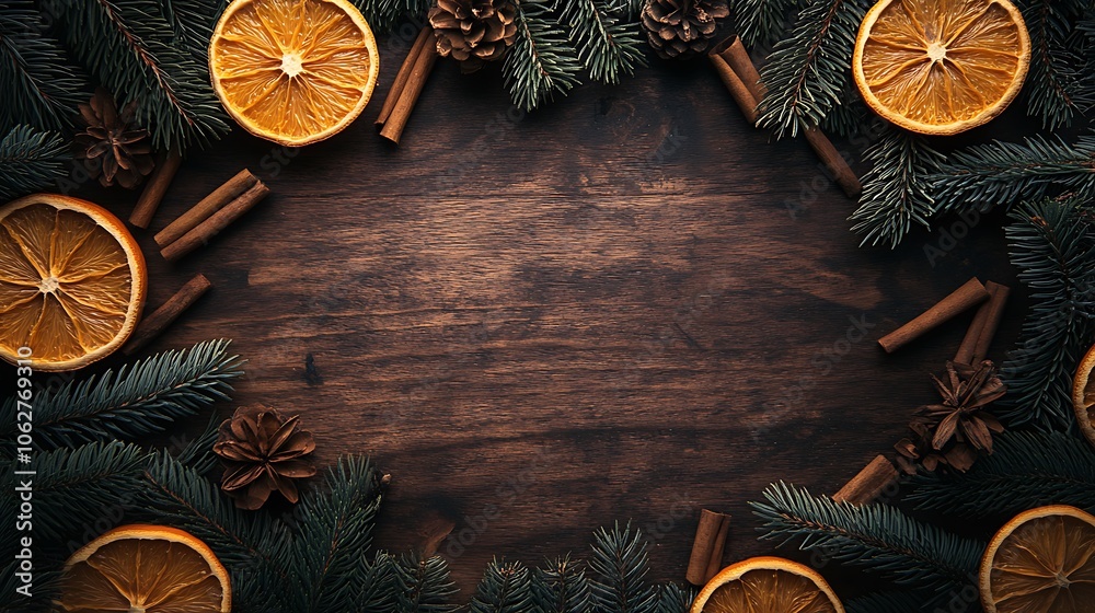 Dark wood background with dried orange slices, pine branches, and cinnamon sticks arranged around a spacious copyspace, warm holiday glow, hd clarity, cozy and festive ambiance. --ar 16:9 Dark wood background with dried orange slices, pine branches, and cinnamon sticks arranged around a spacious copyspace, warm holiday glow, hd clarity, cozy and festive ambiance. --ar 16:9