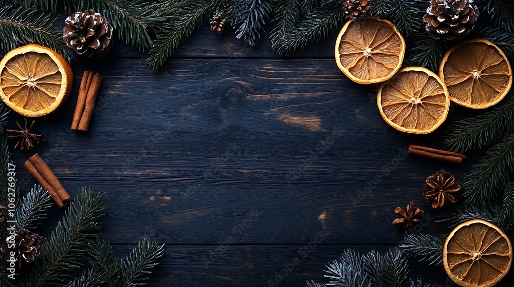 Dark wood background with dried orange slices, pine branches, and cinnamon sticks arranged around a spacious copyspace, warm holiday glow, hd clarity, cozy and festive ambiance. --ar 16:9 Dark wood background with dried orange slices, pine branches, and cinnamon sticks arranged around a spacious copyspace, warm holiday glow, hd clarity, cozy and festive ambiance. --ar 16:9