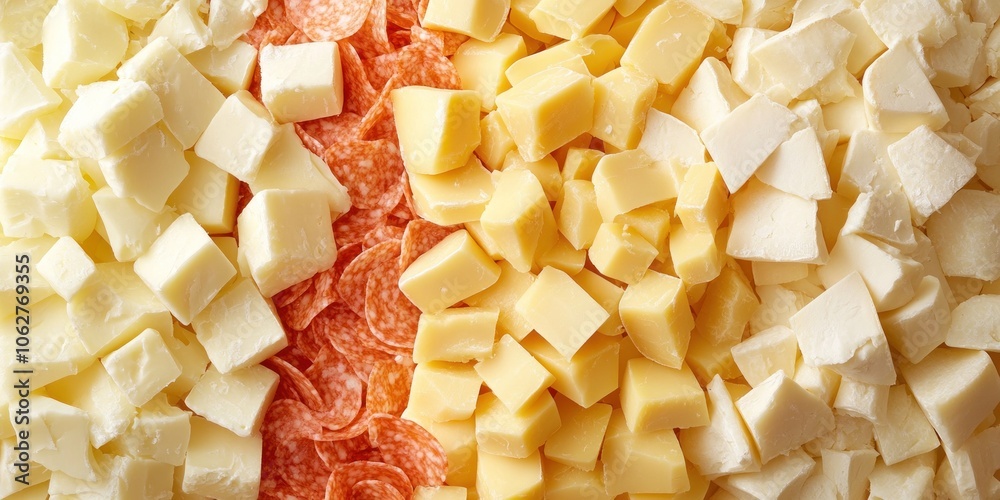 Close-up of cubed white cheddar cheese, yellow cheddar cheese, and sliced pepperoni