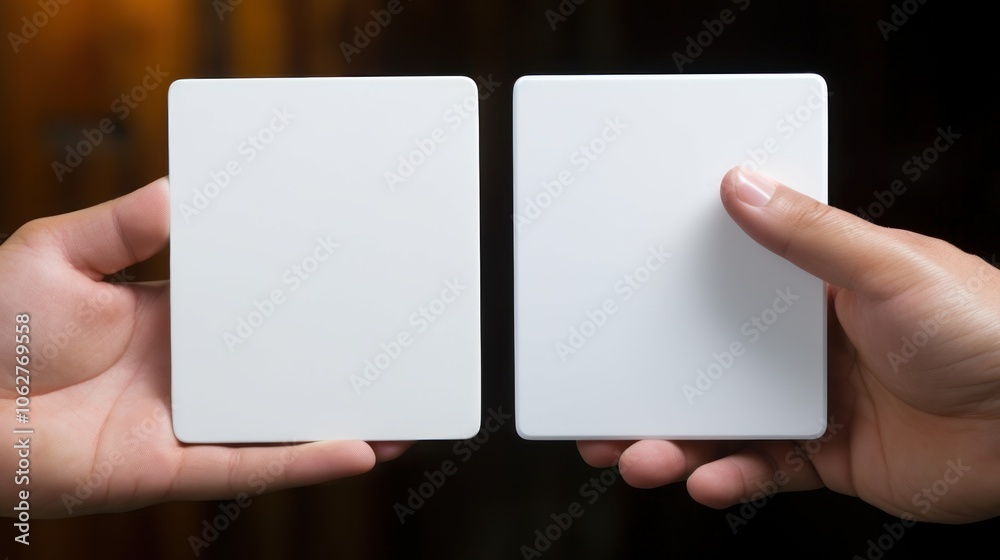 A close-up of two hands holding blank white cards side by side A close-up of two hands holding blank white cards side by side