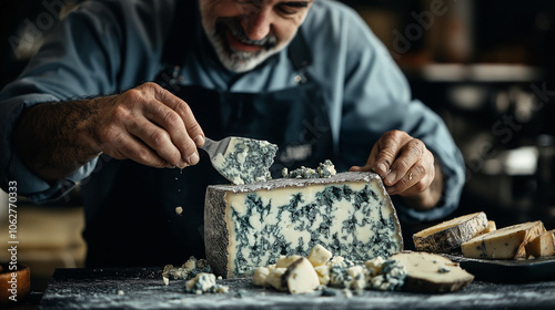 Blue Cheese � Creamy and marbled with blue veins, soft and crumbly sections visible, cheese textures,