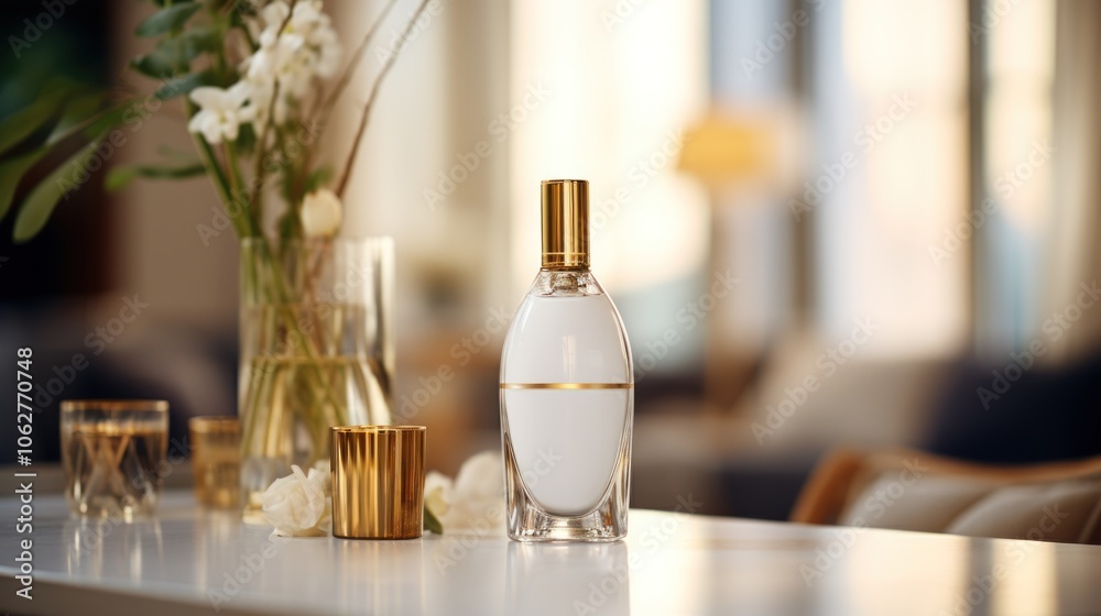 white mock-up of a bottle is positioned on a luxurious, contemporary table white mock-up of a bottle is positioned on a luxurious, contemporary table