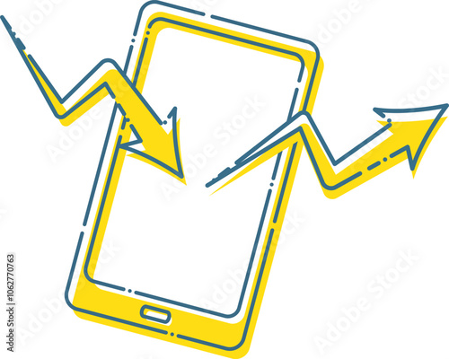 青い破線の黄色いスマートフォンとデータを送受信するイメージのイラスト