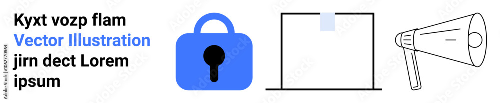 Blue padlock, laptop screen with sticky note, megaphone. Ideal for cybersecurity, privacy, communication, announcements, technology, data protection, marketing Banner for landing page Blue padlock, laptop screen with sticky note, megaphone. Ideal for cybersecurity, privacy, communication, announcements, technology, data protection, marketing Banner for landing page