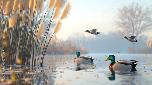 Serene wetland scene with reeds swaying in the breeze ducks gliding across the calm water