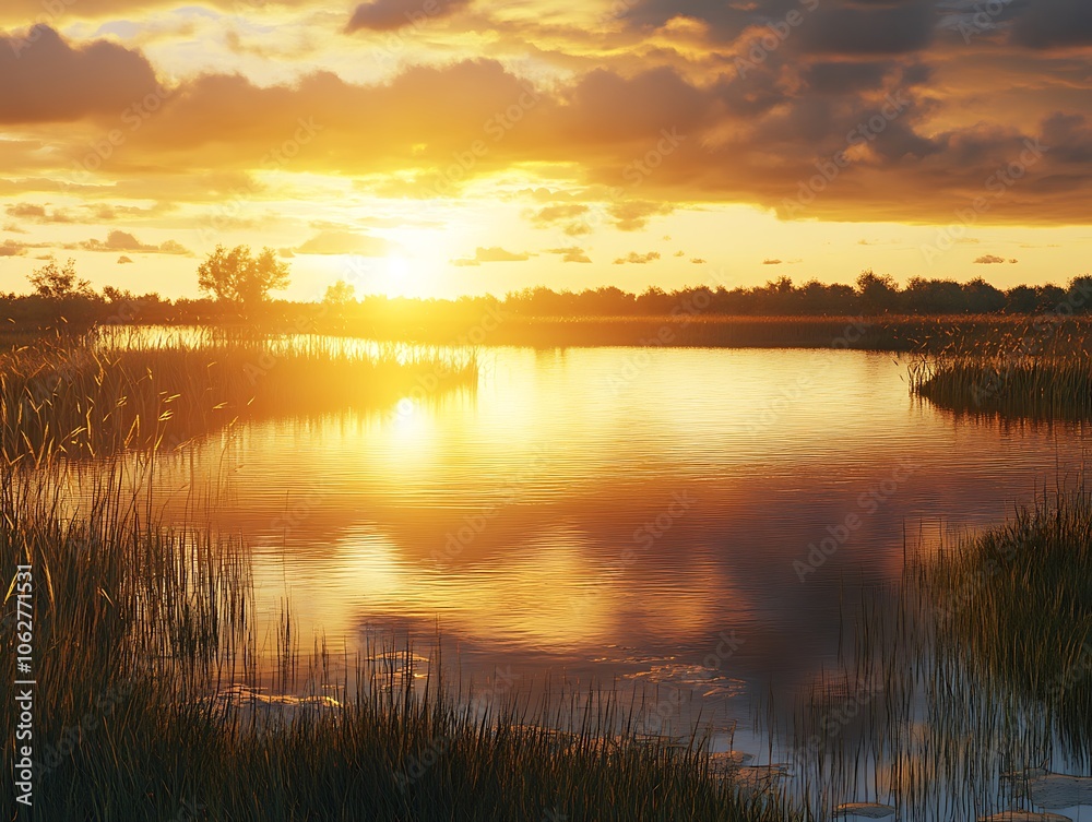 Sunset over a remote wetland lagoon with golden light reflecting off the calm water and marsh reeds Sunset over a remote wetland lagoon with golden light reflecting off the calm water and marsh reeds