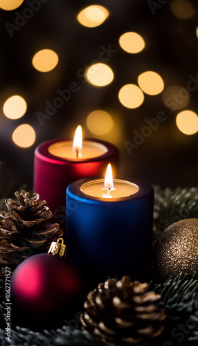 Christmas Still Life with Festive Decorations and Candles – Midnight Blue, Candlelight Gold, and Cranberry Red