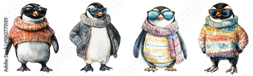 set of watercolor Penguins Characters Dress by sweater and sunglass