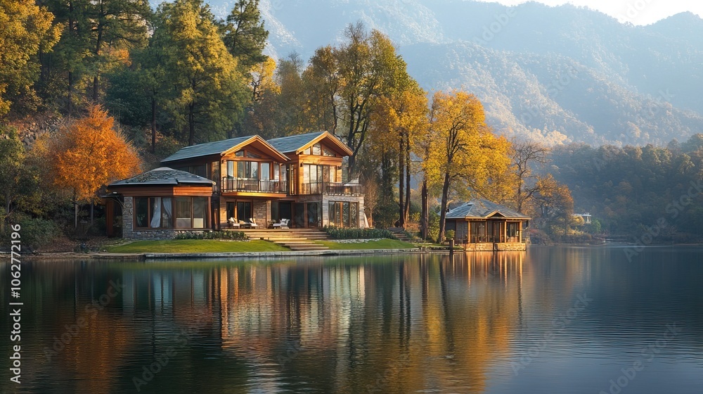 Obraz premium Mountain Retreat: Tranquil Villas Amidst Majestic Peaks and Verdant Trees on the Lake