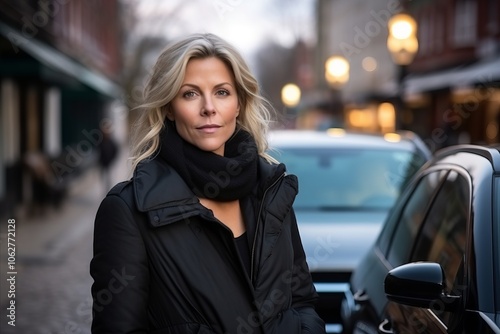 Portrait of a beautiful woman in a black coat on a city street