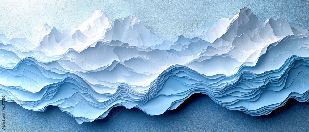 A layered paper art depiction of mountains and waves in blue and white tones. A layered paper art depiction of mountains and waves in blue and white tones.