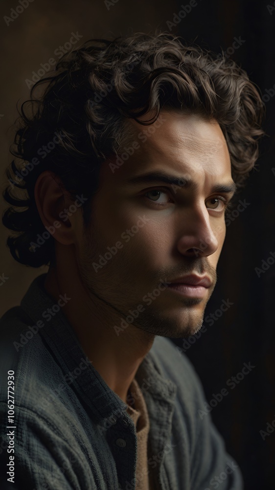 portrait of a man with wavy hair who is seriously thinking about something portrait of a man with wavy hair who is seriously thinking about something