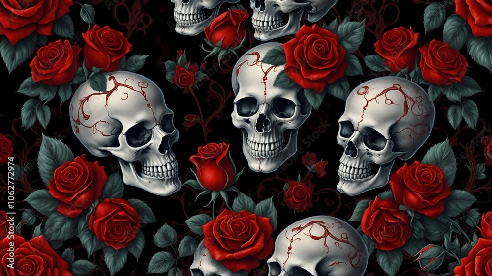 skull and rose motif on black background skull and rose motif on black background