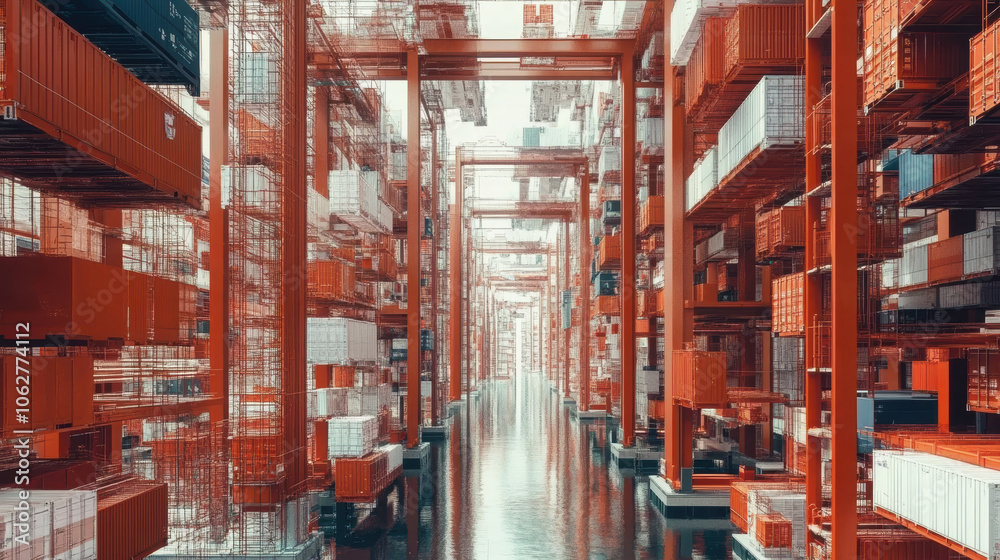 Naklejka premium Efficient logistics hub with AI driven supply chain management, showcasing vibrant shipping containers and advanced technology in modern warehouse environment