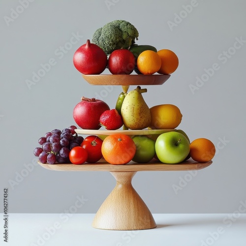 Fresh and Colorful Fruit Display on Wooden Pedestal Stands