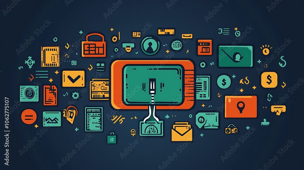 Illustration of a computer monitor with a USB cable connected to various icons representing online services and digital data. Illustration of a computer monitor with a USB cable connected to various icons representing online services and digital data.