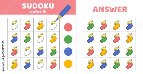 Sudoku. Sock. Coloring sudoku with warm sock. Cartoon.