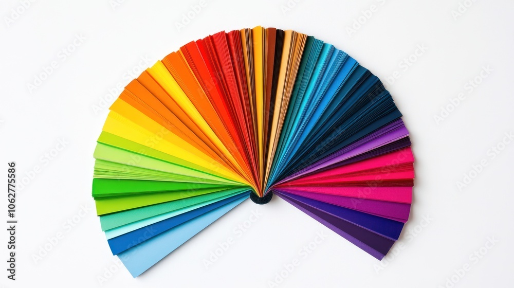 Obraz premium An array of colorful paper samples arranged in a fan shape displaying a gradient of hues from red to violet on a white background.