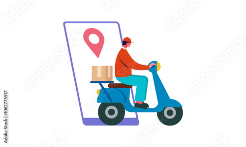 Delivery man drives a scooter out of a cart and online shopping concept