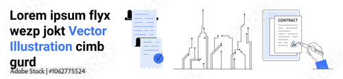 Includes text, corporate documents with person icons, skyscrapers, and hand signing a contract. Ideal for business, real estate, legal services, corporate communications, urban development, document