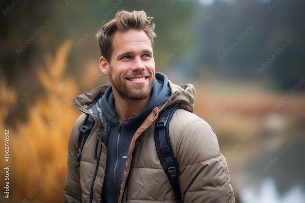 Portrait of a handsome young man with backpack in the autumn forest Portrait of a handsome young man with backpack in the autumn forest