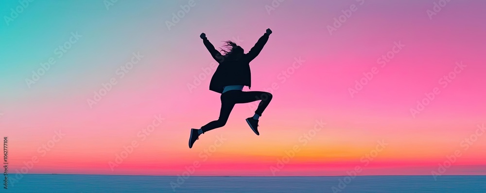 Silhouette of a joyful person jumping against a colorful sunset background. Silhouette of a joyful person jumping against a colorful sunset background.