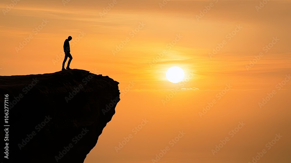 Silhouette of a person standing on the edge of a cliff during sunset. Silhouette of a person standing on the edge of a cliff during sunset.