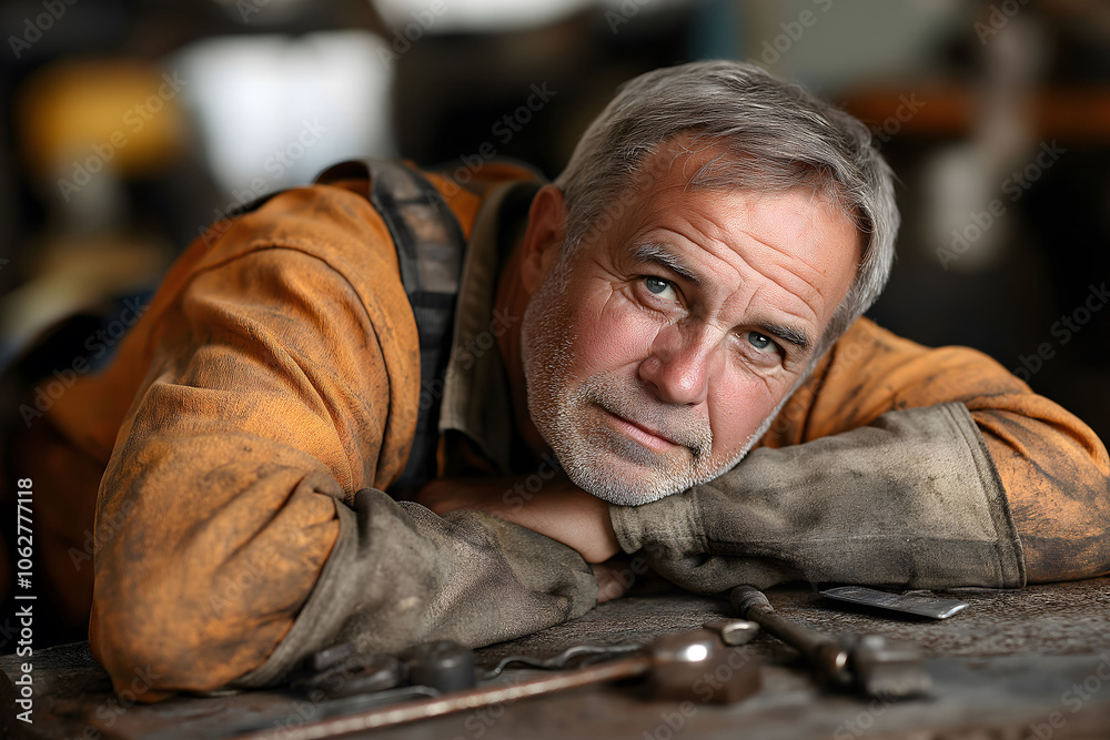 Fototapeta premium Older mechanic in dirty overalls, resting his head on a workbench with tools, looking thoughtful and weary in a workshop setting