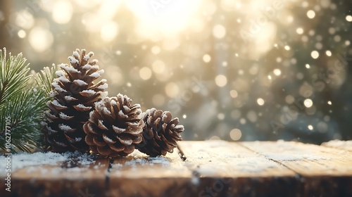 Rustic wooden background with snow-dusted pine cones and evergreen branches, subtle snowfall effect, ample copyspace, soft warm lighting, hd quality, peaceful holiday atmosphere. --ar 16:9
