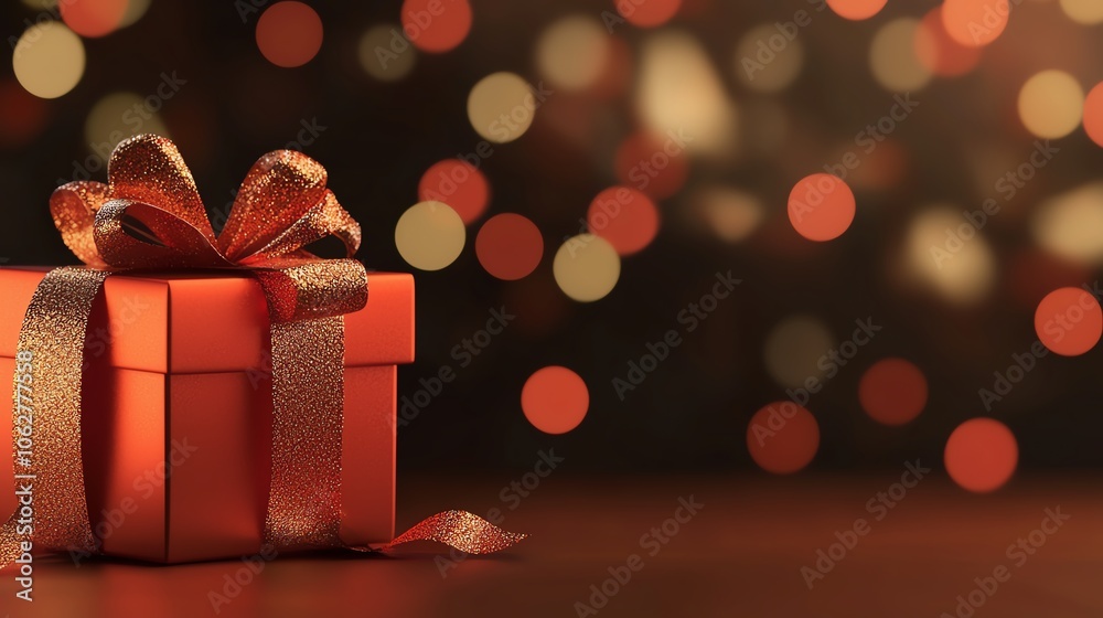 Festive red gift box with a shiny bow against a blurred bokeh background, perfect for celebrations. Festive red gift box with a shiny bow against a blurred bokeh background, perfect for celebrations.