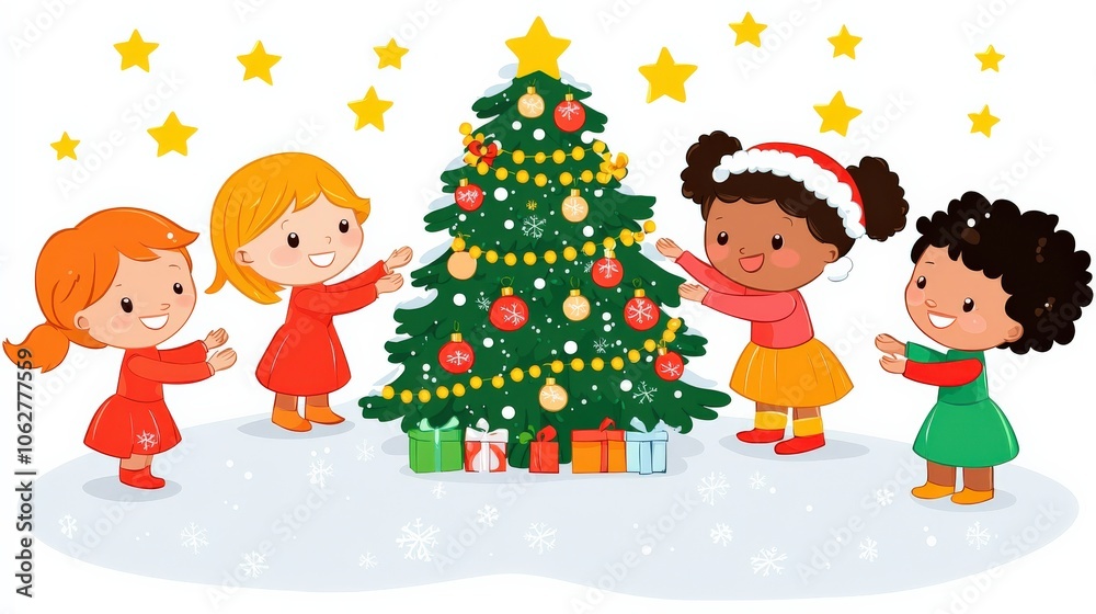 Four joyful children decorating a festive Christmas tree surrounded by colorful gifts, with stars in the background, celebrating the holiday spirit. Four joyful children decorating a festive Christmas tree surrounded by colorful gifts, with stars in the background, celebrating the holiday spirit.