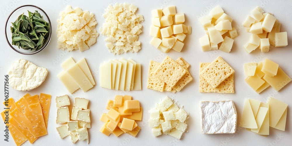 Assortment of Cheeses, Crackers, and Sage Leaves Assortment of Cheeses, Crackers, and Sage Leaves