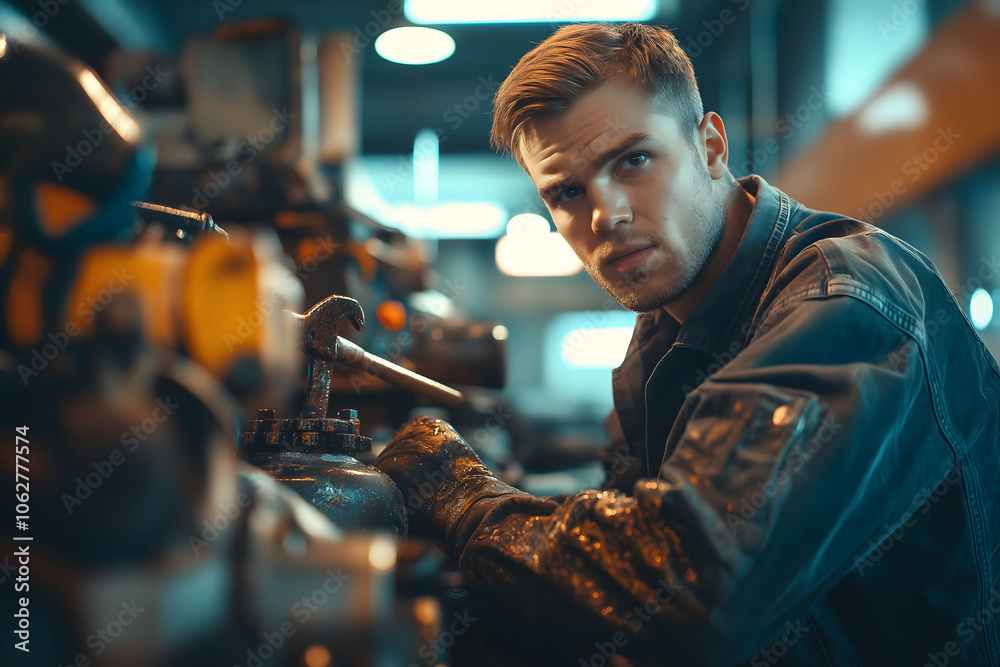 A focused mechanic covered in grease works on machinery in an industrial workshop, surrounded by tools and equipment