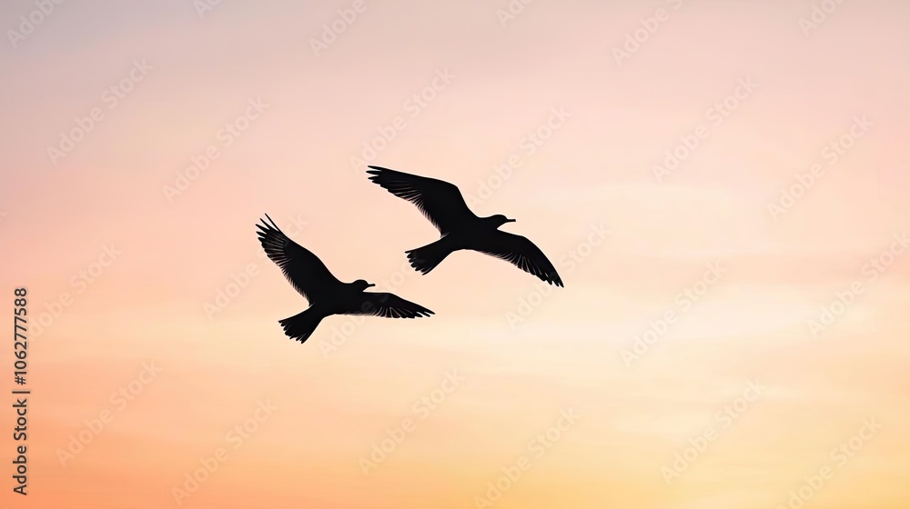 Silhouette of birds flying against a colorful sunset sky. Silhouette of birds flying against a colorful sunset sky.