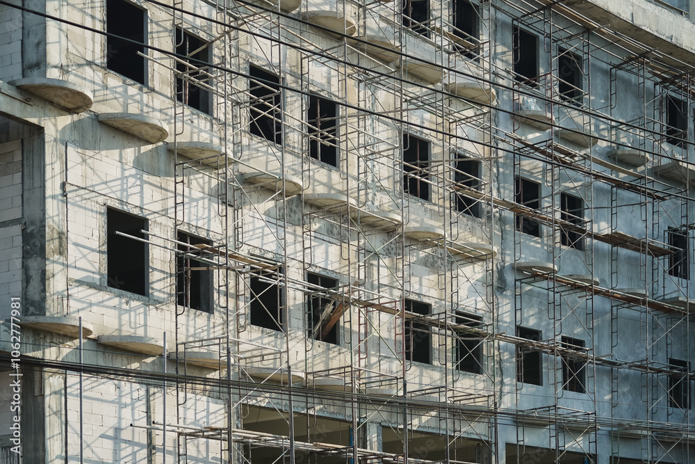 Extensive scaffolding providing platforms for work in progress on a new apartment block,Tall building under construction with scaffolds,Construction Site of New Building Extensive scaffolding providing platforms for work in progress on a new apartment block,Tall building under construction with scaffolds,Construction Site of New Building