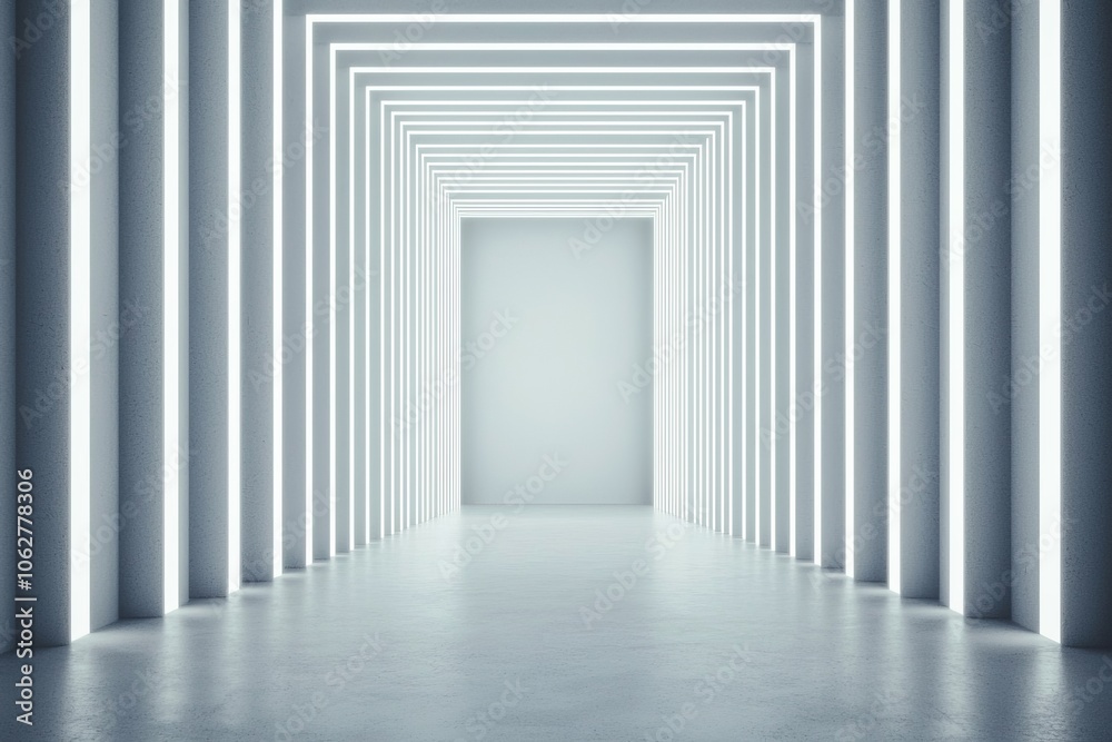 Fototapeta premium Futuristic glowing corridor, abstract lines, minimalist design. A serene, calming atmosphere