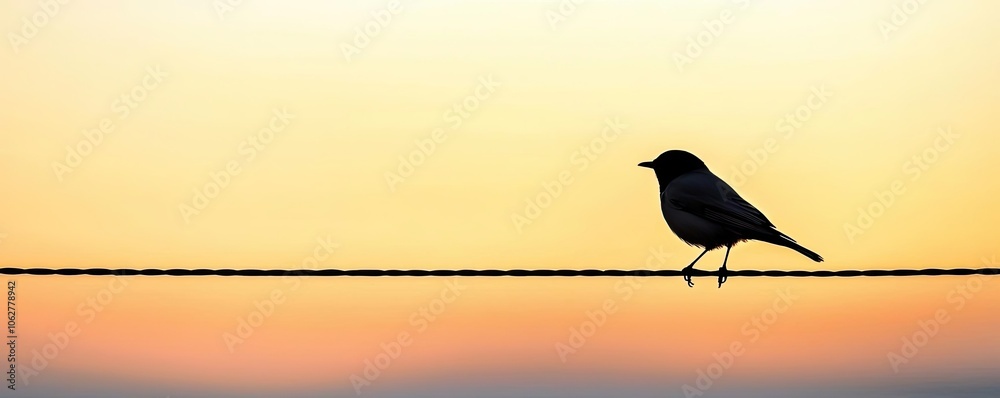 Silhouette of a bird sitting on a wire against a colorful sunset background. Silhouette of a bird sitting on a wire against a colorful sunset background.