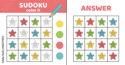 Sudoku. Star. Coloring sudoku with colorful stars. Cartoon