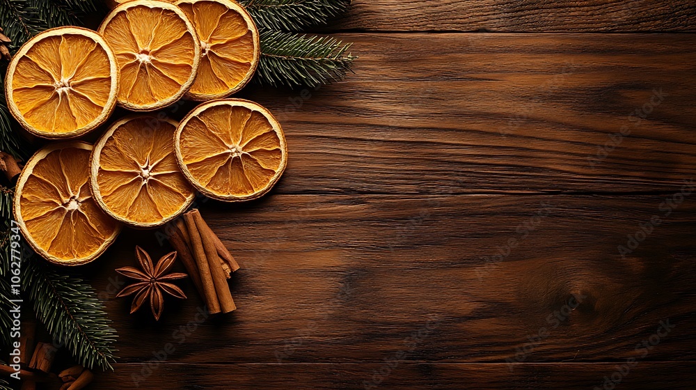 A close-up of dried orange slices, pine sprigs, and cinnamon sticks on a dark wooden background, generous copyspace, warm inviting holiday light, hd quality, festive and rustic charm. --ar 16:9 A close-up of dried orange slices, pine sprigs, and cinnamon sticks on a dark wooden background, generous copyspace, warm inviting holiday light, hd quality, festive and rustic charm. --ar 16:9